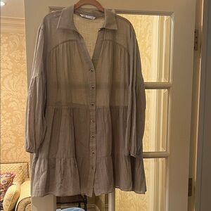 Zara Taupe Long Sleeve Button-Down Dress